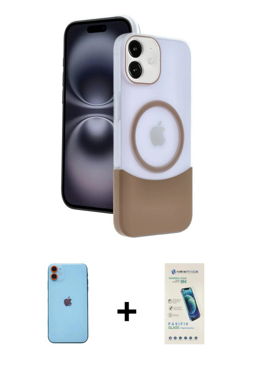 ieg™ iPhone 11 Kılıf Kozmos Form Özel Seri - Şeffaf Pasifik Cam Ekran Koruyucu + Turuncu Neon Fosfor