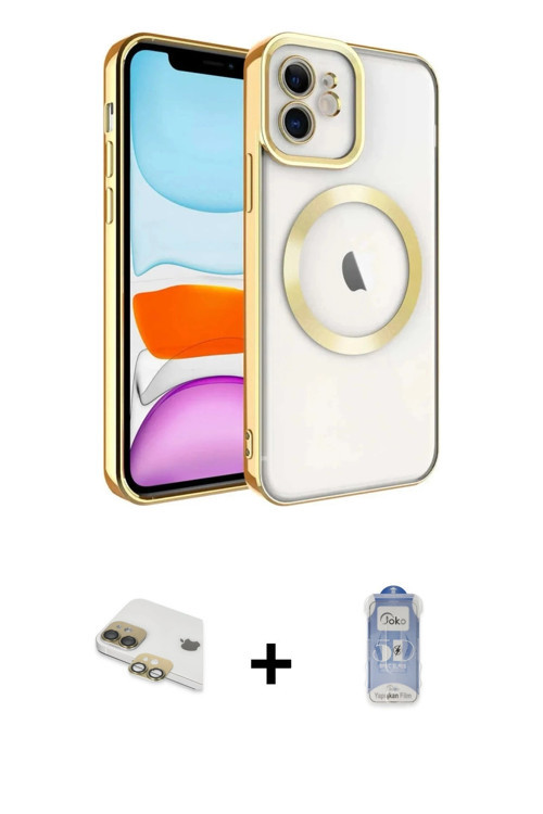 iPhone 11 Kılıf Nova Işık Özel Seri - Siyah Joko Magic 5D Cam + Gold Pers Alüminyum Kamera Lens