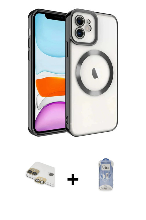 iPhone 11 Kılıf Nova Işık Özel Seri - Siyah Joko Magic 5D Cam + Gold Pers Alüminyum Kamera Lens