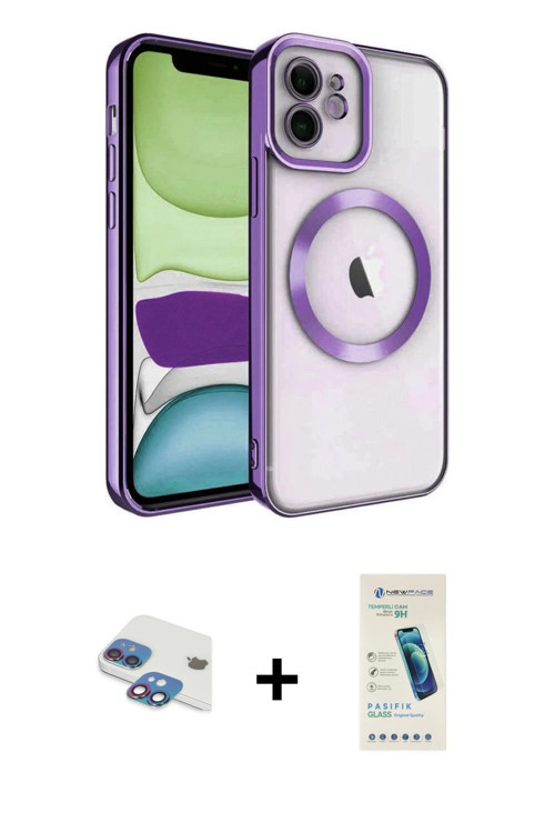 iPhone 11 Kılıf Nova Işık Özel Seri - Şeffaf Pasifik Cam Ekran Koruyucu + Gökkuşağı Pers Alümin