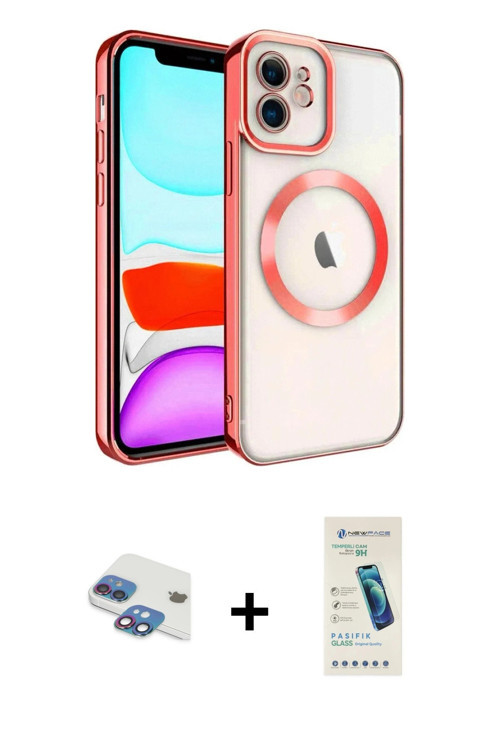 iPhone 11 Kılıf Nova Işık Özel Seri - Şeffaf Pasifik Cam Ekran Koruyucu + Gökkuşağı Pers Alümin