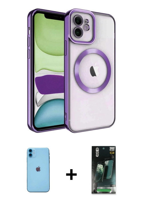 iPhone 11 Kılıf Nova Işık Özel Seri - Siyah 360 Mat Full Body Arka Koruyucu + Mavi Neon Fosforl