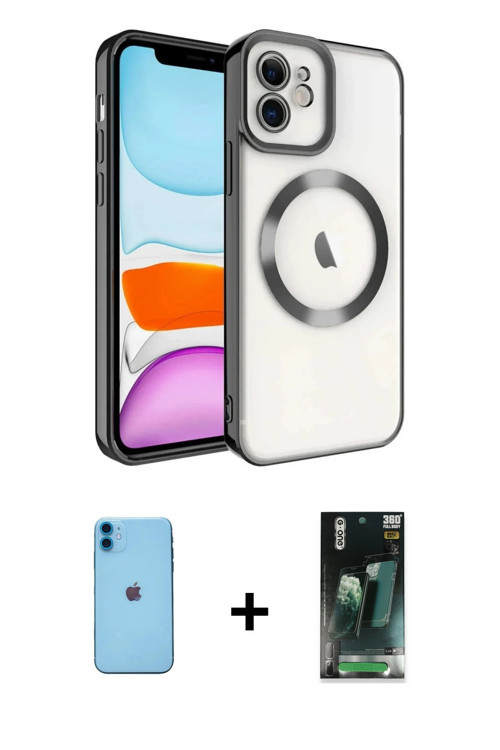 iPhone 11 Kılıf Nova Işık Özel Seri - Siyah 360 Mat Full Body Arka Koruyucu + Mavi Neon Fosforl