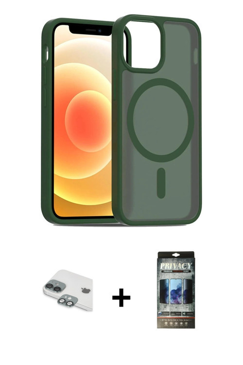 iPhone 11 Kılıf Siluet Minimal Prime - Siyah 34D Hayalet Izgaralı Cam + Yeşil Pers Alüminyum Ka
