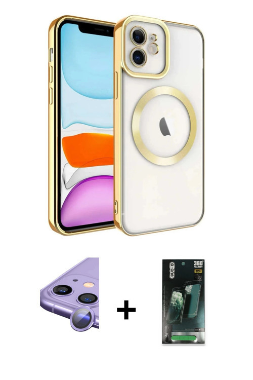 iPhone 11 Kılıf Nova Işık Özel Seri - Şeffaf 360 Full Body Arka Koruyucu + Mor Raze Metal Kamer