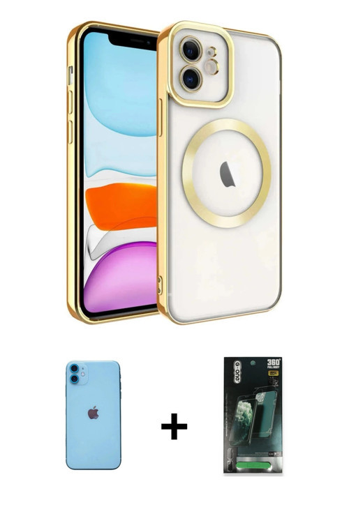 iPhone 11 Kılıf Nova Işık Özel Seri - Siyah 360 Mat Full Body Arka Koruyucu + Mavi Neon Fosforl