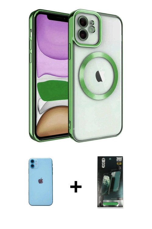 iPhone 11 Kılıf Nova Işık Özel Seri - Siyah 360 Mat Full Body Arka Koruyucu + Mavi Neon Fosforl