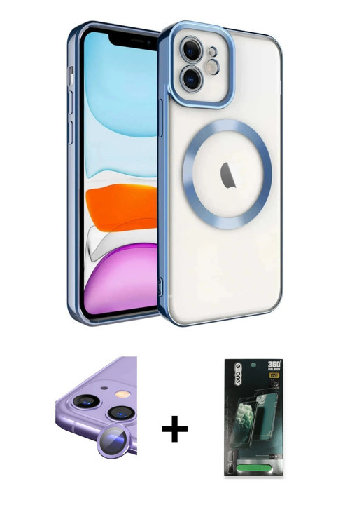 iPhone 11 Kılıf Nova Işık Özel Seri - Şeffaf 360 Full Body Arka Koruyucu + Mor Raze Metal Kamer