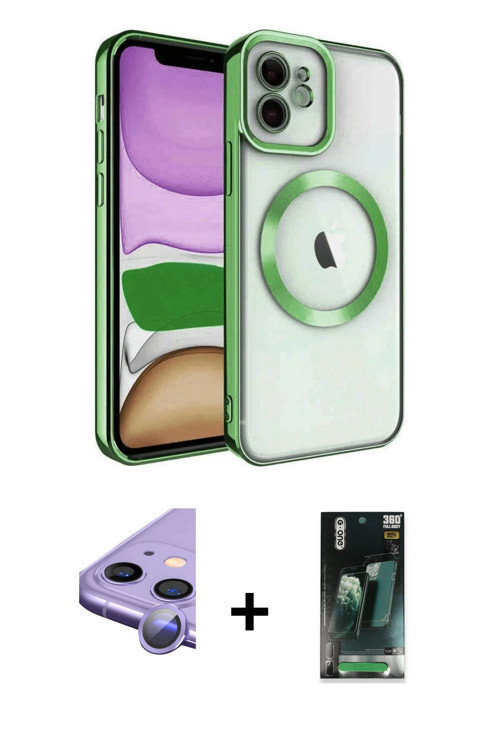 iPhone 11 Kılıf Nova Işık Özel Seri - Şeffaf 360 Full Body Arka Koruyucu + Mor Raze Metal Kamer