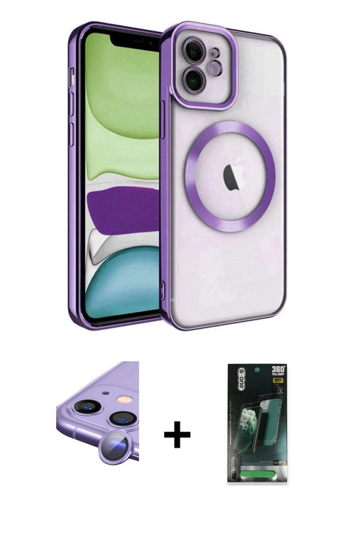 iPhone 11 Kılıf Nova Işık Özel Seri - Şeffaf 360 Full Body Arka Koruyucu + Mor Raze Metal Kamer