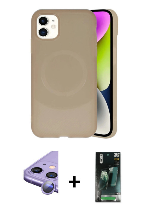 iPhone 11 Kılıf Ufuk Serisi - Siyah 360 Mat Full Body Arka Koruyucu + Mor Raze Metal Kamera Len
