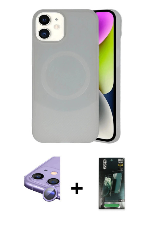 iPhone 11 Kılıf Ufuk Serisi - Siyah 360 Mat Full Body Arka Koruyucu + Mor Raze Metal Kamera Len