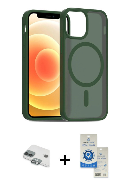 iPhone 11 Kılıf Siluet Minimal Prime - Şeffaf Royal Nano Ekran Koruyucu + Yeşil Pers Alüminyum