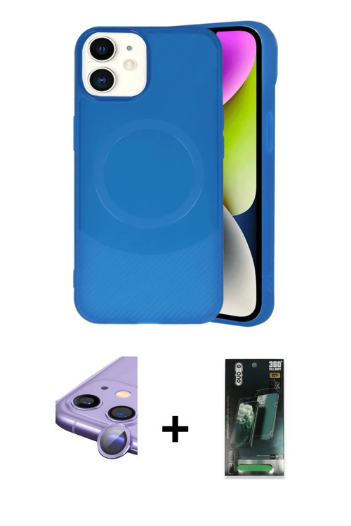 iPhone 11 Kılıf Ufuk Serisi - Siyah 360 Mat Full Body Arka Koruyucu + Mor Raze Metal Kamera Len