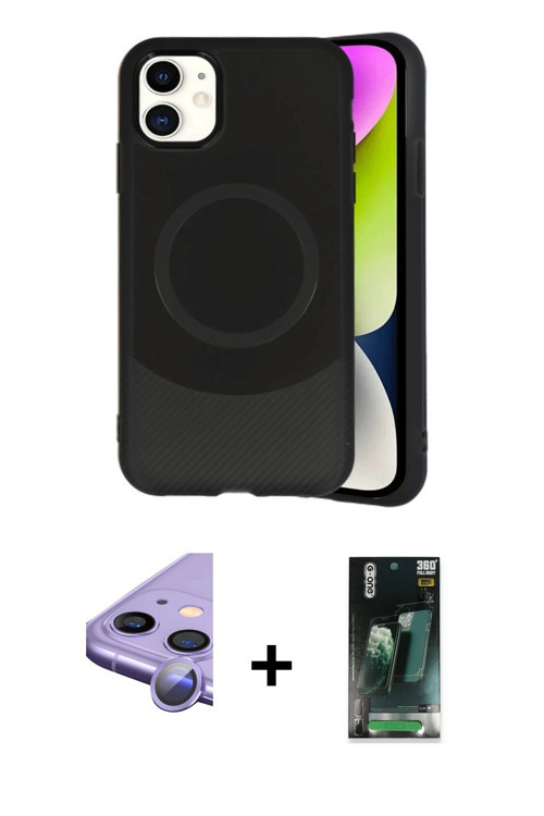 iPhone 11 Kılıf Ufuk Serisi - Siyah 360 Mat Full Body Arka Koruyucu + Mor Raze Metal Kamera Len