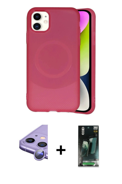 iPhone 11 Kılıf Ufuk Serisi - Siyah 360 Mat Full Body Arka Koruyucu + Mor Raze Metal Kamera Len