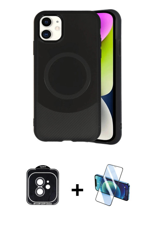 iPhone 11 Kılıf Ufuk Serisi - Siyah 3D Antistatik Cam Ekran Koruyucu + Siyah PVD Metal Kamera L