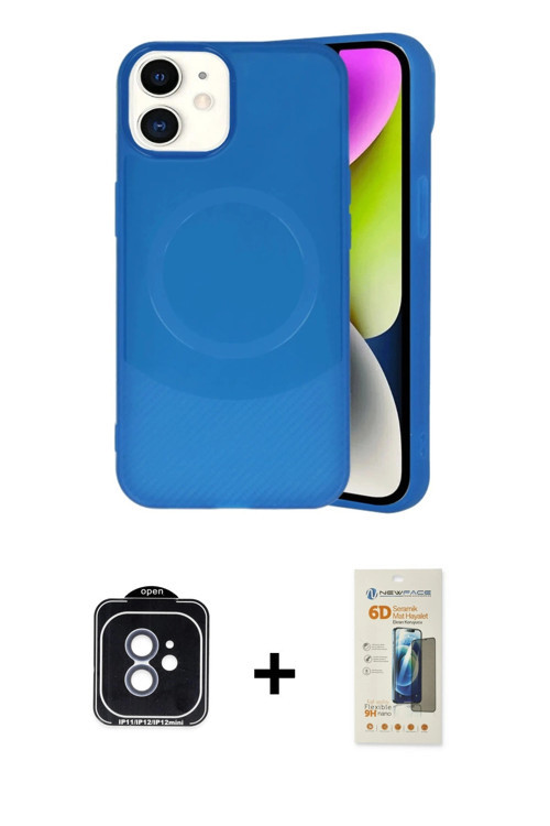 iPhone 11 Kılıf Ufuk Serisi - Siyah 6D Mat Seramik Hayalet Nano Ekran Koruyucu + Mavi PVD Metal
