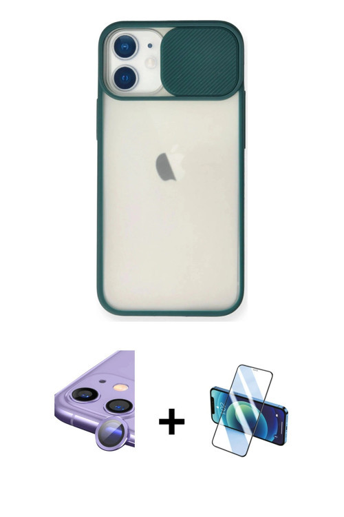 iPhone 11 Kılıf Vadi Çizgi - Siyah 3D Antistatik Cam Ekran Koruyucu + Mor Raze Metal Kamera Len