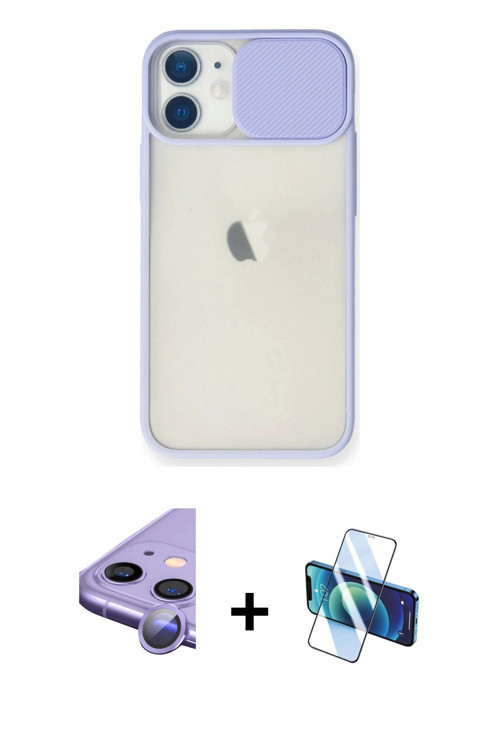 iPhone 11 Kılıf Vadi Çizgi - Siyah 3D Antistatik Cam Ekran Koruyucu + Mor Raze Metal Kamera Len