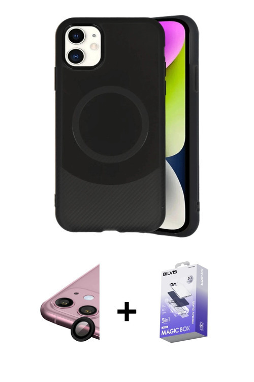 iPhone 11 Kılıf Ufuk Serisi - Siyah Bilvis 5in1 5D Magic Hayalet Cam Ekran Koruyucu + Siyah Raz