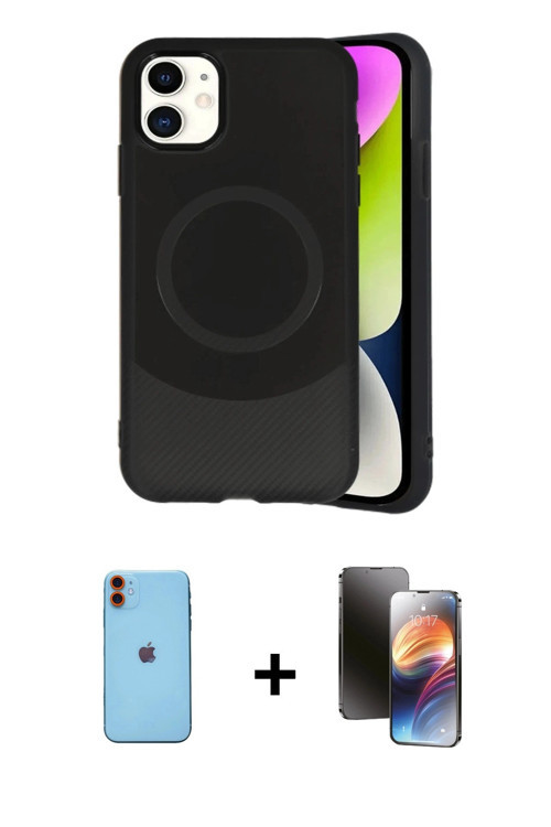 iPhone 11 Kılıf Ufuk Serisi - Siyah 3D Antistatik Mat Seramik Nano Ekran Koruyucu + Turuncu Neo