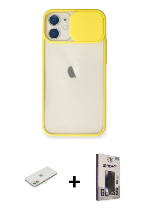 iPhone 11 Kılıf Vadi Çizgi - Siyah Bilvis Hayalet Cam Ekran Koruyucu + Turuncu Renkli Kamera Le