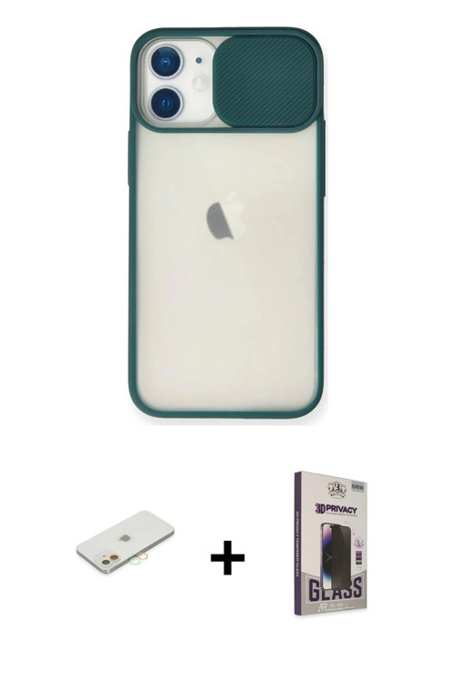 iPhone 11 Kılıf Vadi Çizgi - Siyah Bilvis Hayalet Cam Ekran Koruyucu + Turuncu Renkli Kamera Le