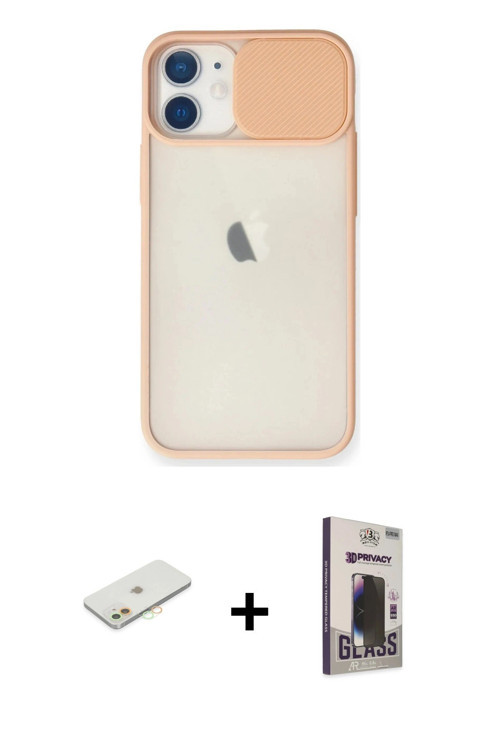 iPhone 11 Kılıf Vadi Çizgi - Siyah Bilvis Hayalet Cam Ekran Koruyucu + Turuncu Renkli Kamera Le