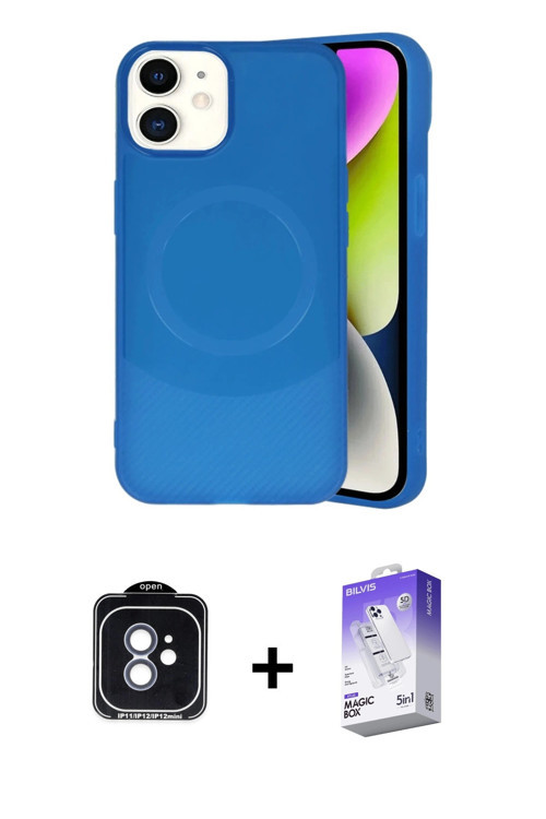 iPhone 11 Kılıf Ufuk Serisi - Siyah Bilvis 5in1 3D Magic Cam Ekran Koruyucu + Mavi PVD Metal Ka
