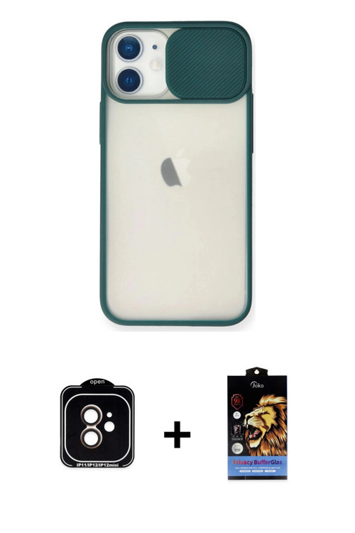 iPhone 11 Kılıf Vadi Çizgi - Siyah Buffer Hayalet Cam Ekran Koruyucu + Turuncu PVD Metal Kamera