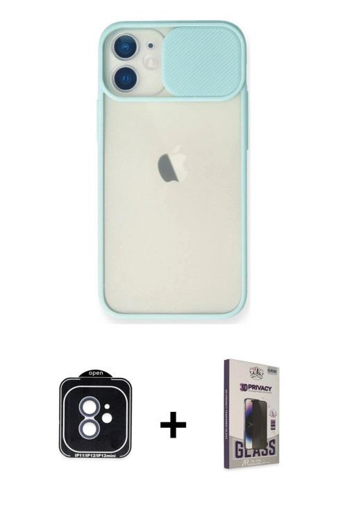 iPhone 11 Kılıf Vadi Çizgi - Siyah Bilvis Hayalet Cam Ekran Koruyucu + Mavi PVD Metal Kamera Le