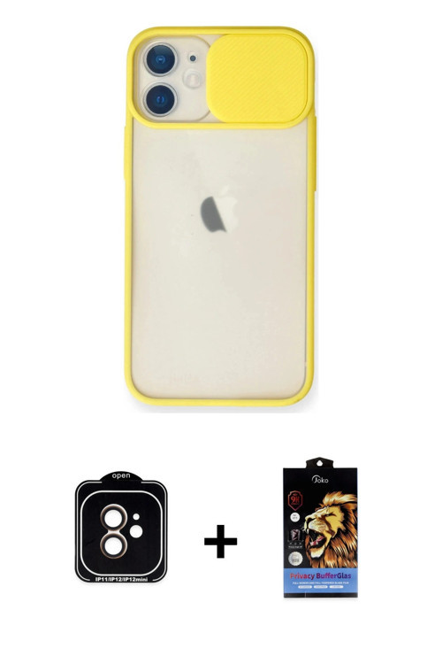iPhone 11 Kılıf Vadi Çizgi - Siyah Buffer Hayalet Cam Ekran Koruyucu + Turuncu PVD Metal Kamera