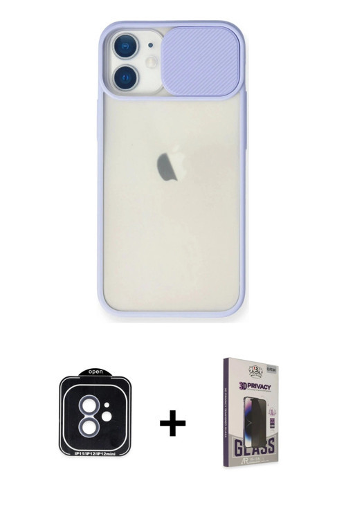 iPhone 11 Kılıf Vadi Çizgi - Siyah Bilvis Hayalet Cam Ekran Koruyucu + Mavi PVD Metal Kamera Le