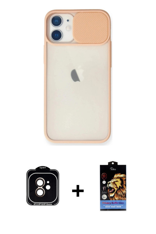 iPhone 11 Kılıf Vadi Çizgi - Siyah Buffer Hayalet Cam Ekran Koruyucu + Turuncu PVD Metal Kamera