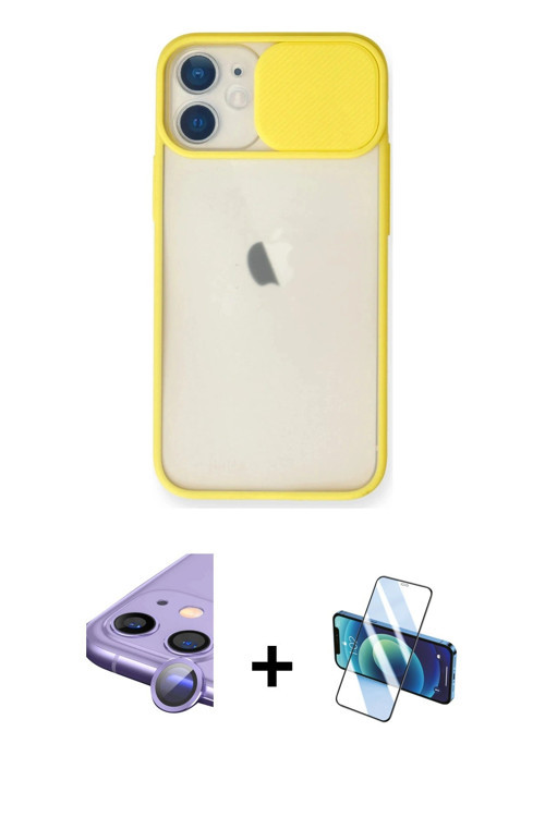 iPhone 11 Kılıf Vadi Çizgi - Siyah 3D Antistatik Cam Ekran Koruyucu + Mor Raze Metal Kamera Len