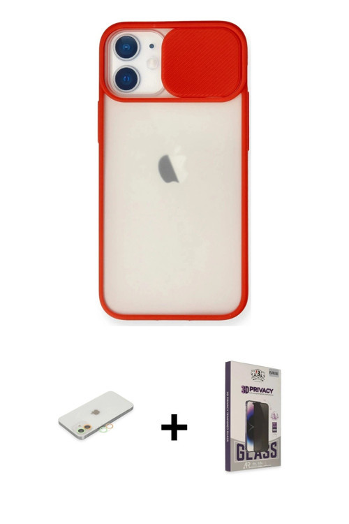 iPhone 11 Kılıf Vadi Çizgi - Siyah Bilvis Hayalet Cam Ekran Koruyucu + Turuncu Renkli Kamera Le