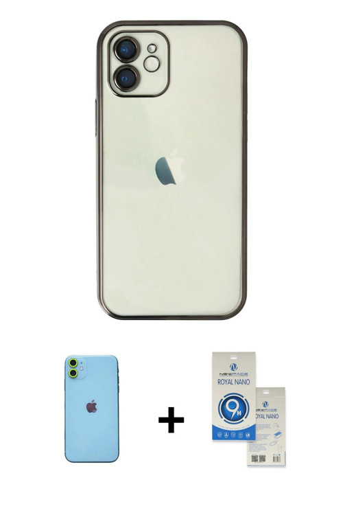 iPhone 11 Kılıf Vadi Minimal - Şeffaf Royal Nano Ekran Koruyucu + Yeşil Neon Fosforlu Kamera Le