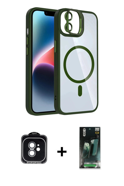 iPhone 11 Kılıf Yadigar Asil Koleksiyonu - Şeffaf 360 Full Body Arka Koruyucu + Yeşil PVD Metal