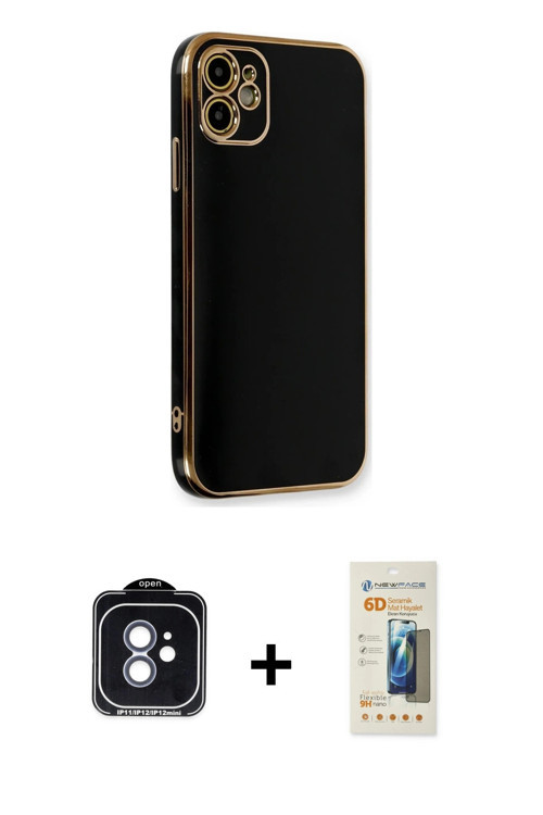 ieg™ iPhone 11 Kılıf Yankı Serisi - Siyah 6D Mat Seramik Hayalet Nano Ekran Koruyucu + Mavi PVD Meta