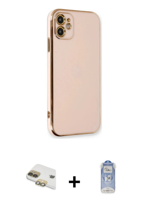 iPhone 11 Kılıf Yankı Serisi - Siyah Joko Magic 5D Cam + Gold Pers Alüminyum Kamera Lens