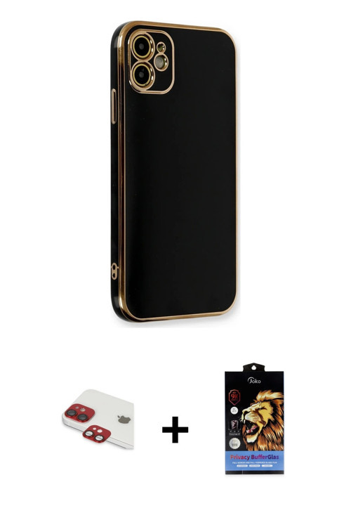 iPhone 11 Kılıf Yankı Serisi - Siyah Buffer Hayalet Cam Ekran Koruyucu + Kırmızı Pers Alüminyum