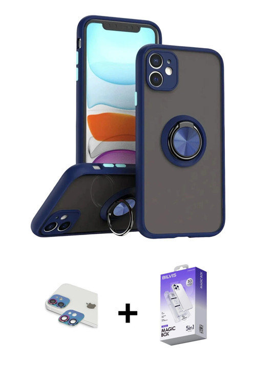 ieg™ iPhone 11 Kılıf Yörünge Çizgi - Siyah Bilvis 5in1 3D Magic Cam Ekran Koruyucu + Gökkuşağı Pers