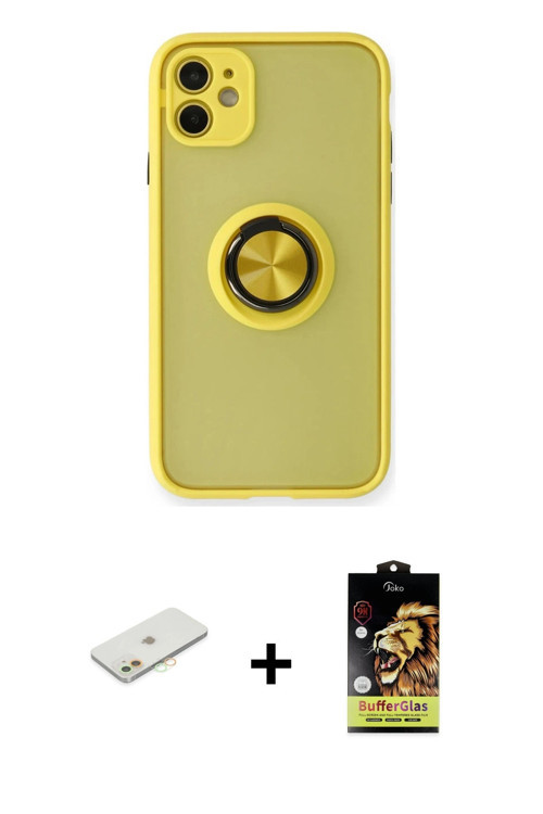 ieg™ iPhone 11 Kılıf Yörünge Çizgi - Siyah Buffer Cam Ekran Koruyucu + Turuncu Renkli Kamera Lens Ko