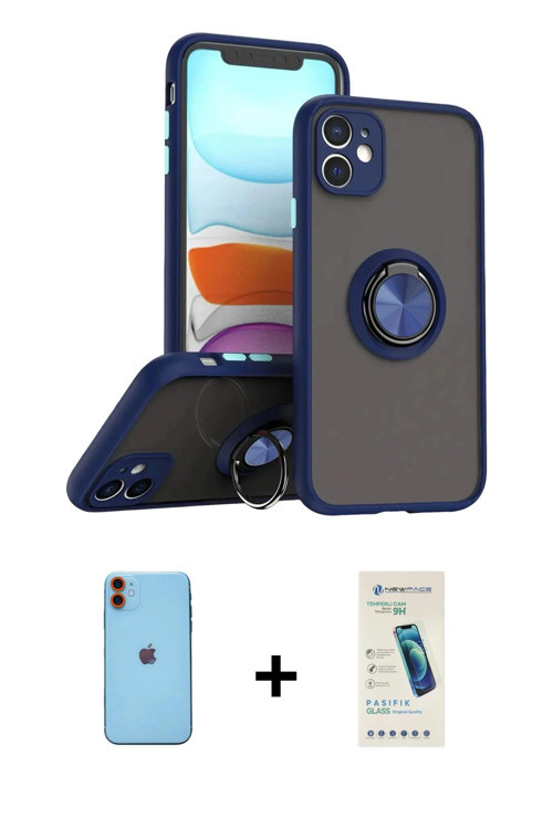 ieg™ iPhone 11 Kılıf Yörünge Çizgi - Şeffaf Pasifik Cam Ekran Koruyucu + Turuncu Neon Fosforlu Kamer