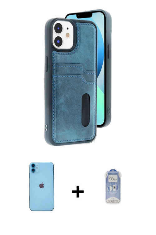 ieg™ iPhone 11 Kılıf Yörünge Işık Serisi - Siyah Joko Magic 5D Cam + Mavi Neon Fosforlu Kamera Lens
