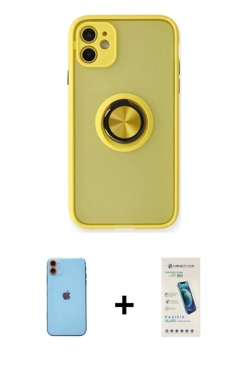 ieg™ iPhone 11 Kılıf Yörünge Çizgi - Şeffaf Pasifik Cam Ekran Koruyucu + Turuncu Neon Fosforlu Kamer