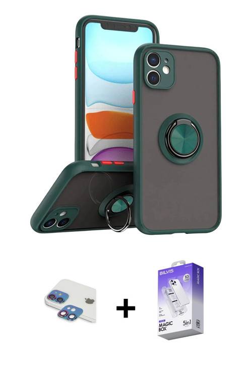 ieg™ iPhone 11 Kılıf Yörünge Çizgi - Siyah Bilvis 5in1 3D Magic Cam Ekran Koruyucu + Gökkuşağı Pers