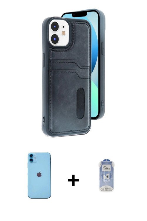 ieg™ iPhone 11 Kılıf Yörünge Işık Serisi - Siyah Joko Magic 5D Cam + Mavi Neon Fosforlu Kamera Lens