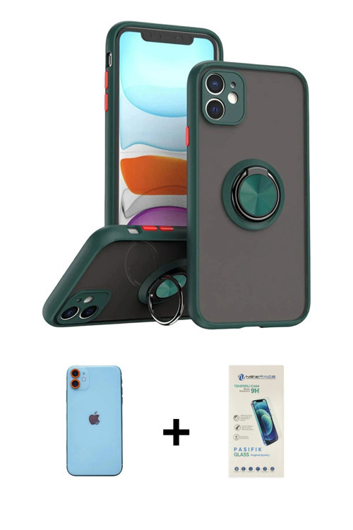 ieg™ iPhone 11 Kılıf Yörünge Çizgi - Şeffaf Pasifik Cam Ekran Koruyucu + Turuncu Neon Fosforlu Kamer
